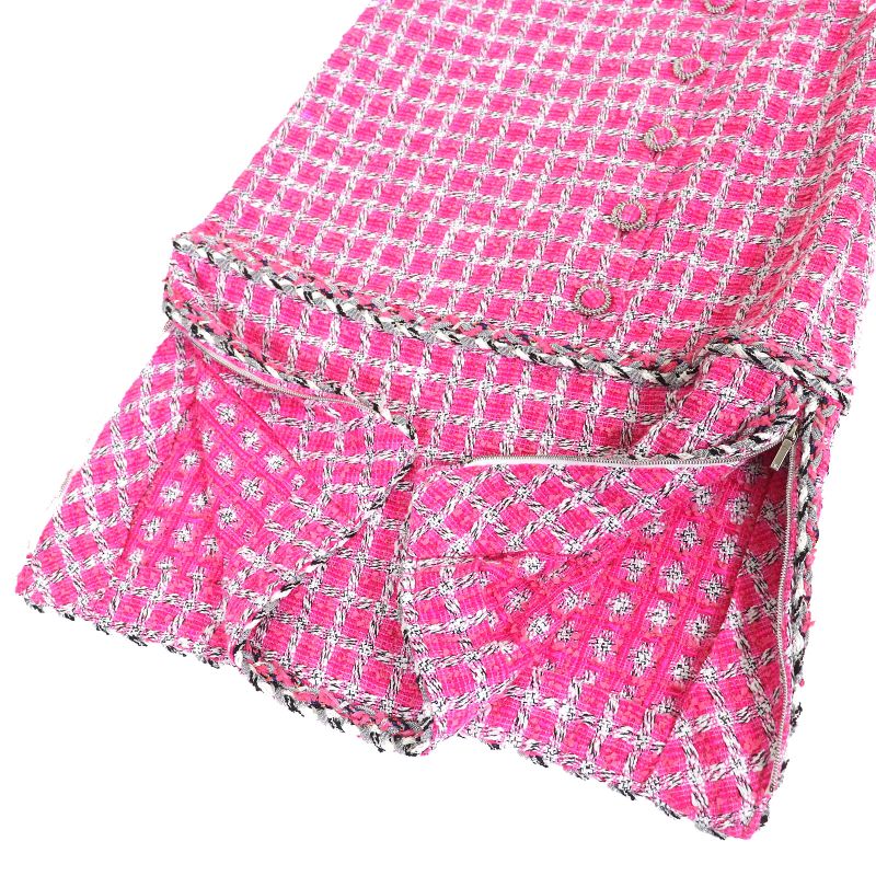 CHANEL P49180 Coco Button Metallic Trim Short Sleeve Tweed Dress Pink 34 Made