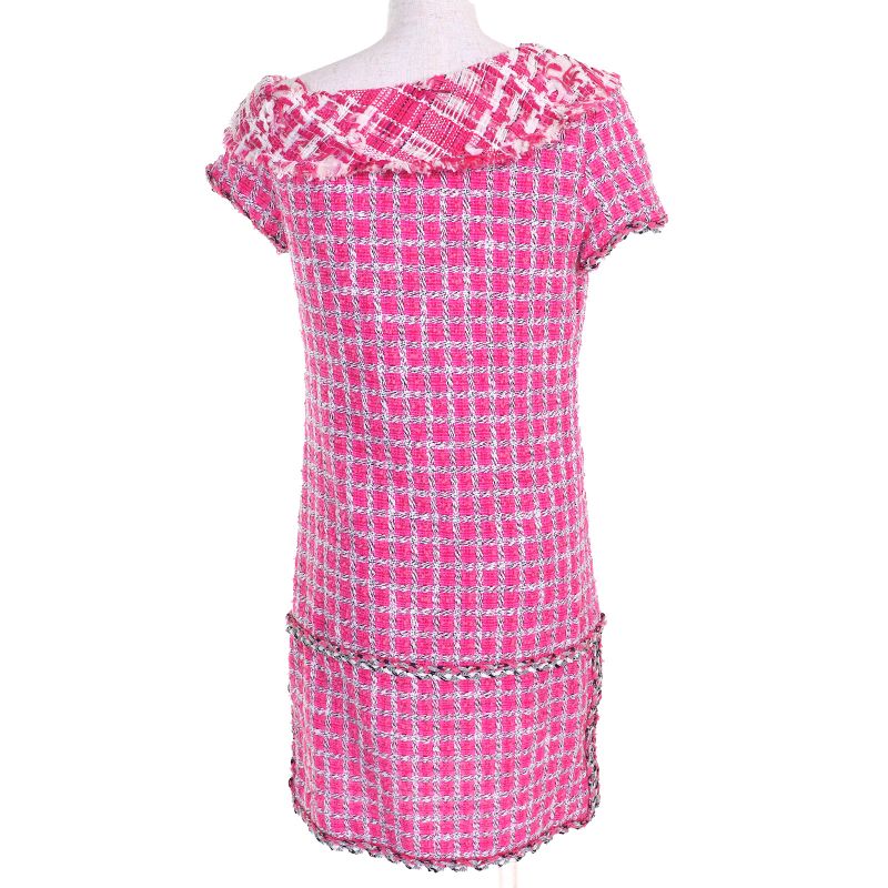 CHANEL P49180 Coco Button Metallic Trim Short Sleeve Tweed Dress Pink 34 Made