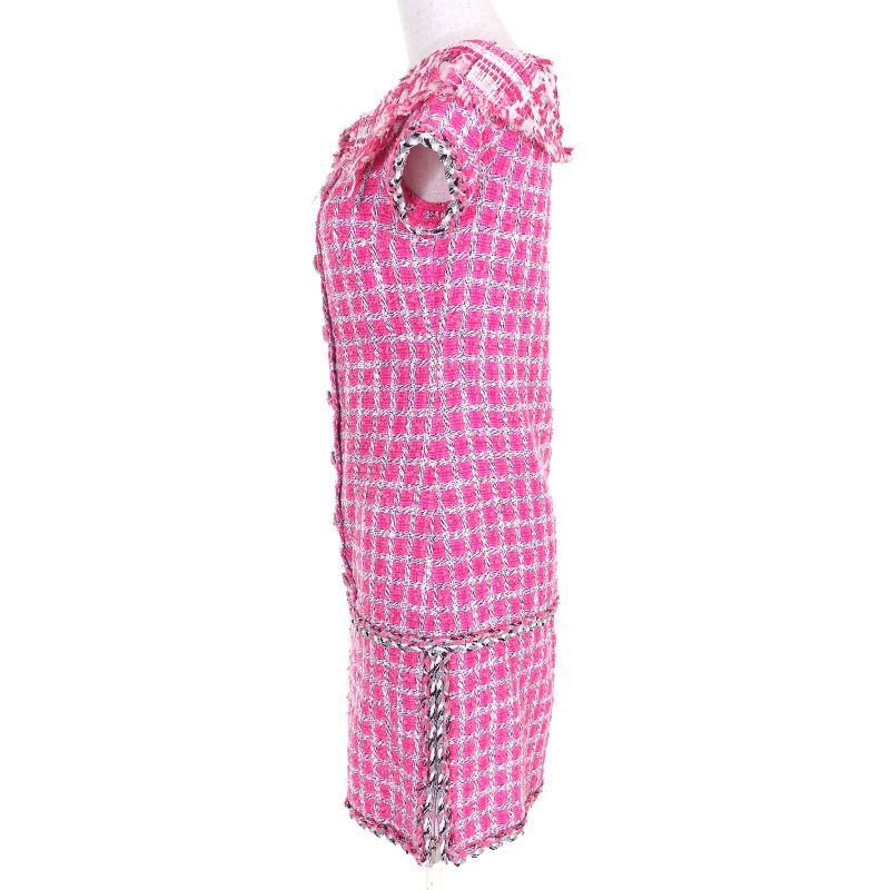 CHANEL P49180 Coco Button Metallic Trim Short Sleeve Tweed Dress Pink 34 Made