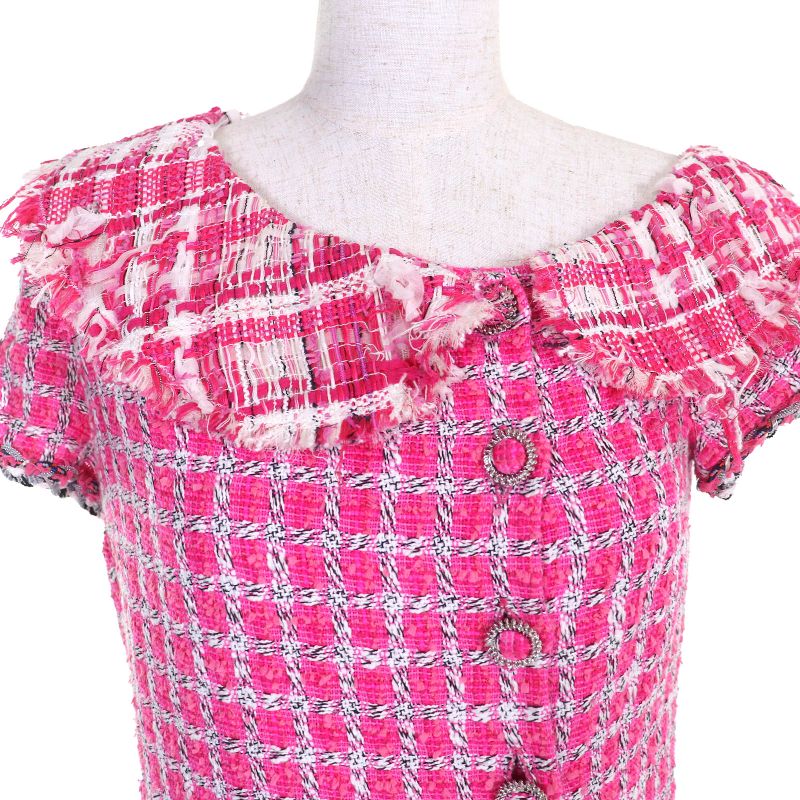 CHANEL P49180 Coco Button Metallic Trim Short Sleeve Tweed Dress Pink 34 Made