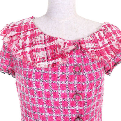 CHANEL P49180 Coco Button Metallic Trim Short Sleeve Tweed Dress Pink 34 Made