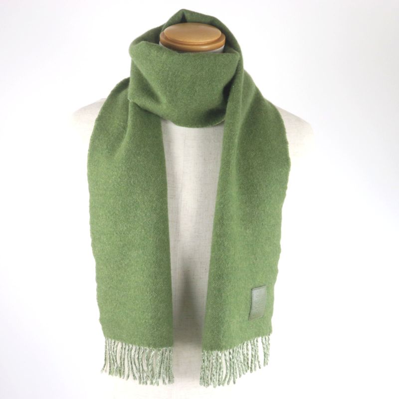 LOEWE Wool Cashmere Anagram Logo Leather Reversible Scarf With Patch Khaki