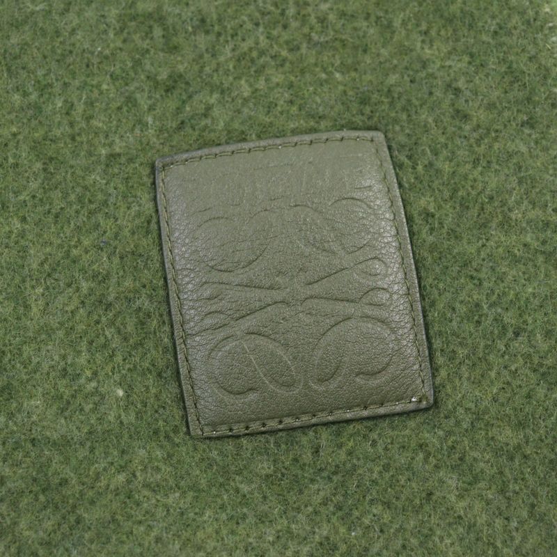 LOEWE Wool Cashmere Anagram Logo Leather Reversible Scarf With Patch Khaki