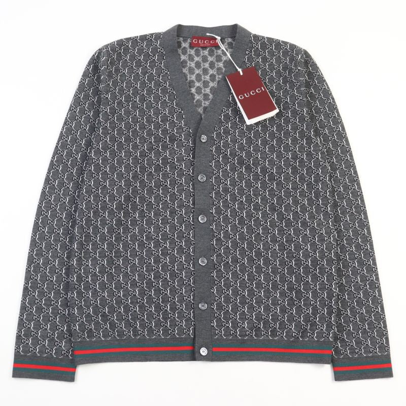 Gucci 24AW 801702 Wool Silk-blend GG Jacquard Webline Logo Button Cardigan