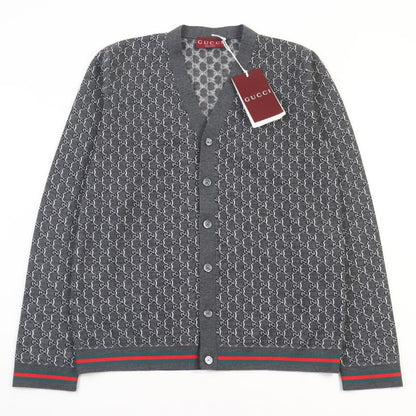 Gucci 24AW 801702 Wool Silk-blend GG Jacquard Webline Logo Button Cardigan