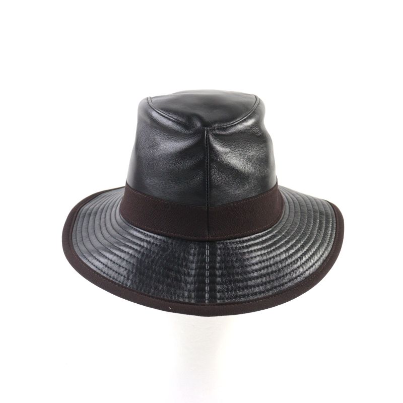 Hermes Leather Hat With Ribbon And Logo Lining Black 57 Hat Made In France