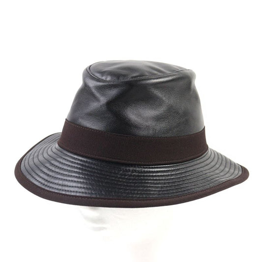 Hermes Leather Hat With Ribbon And Logo Lining Black 57 Hat Made In France