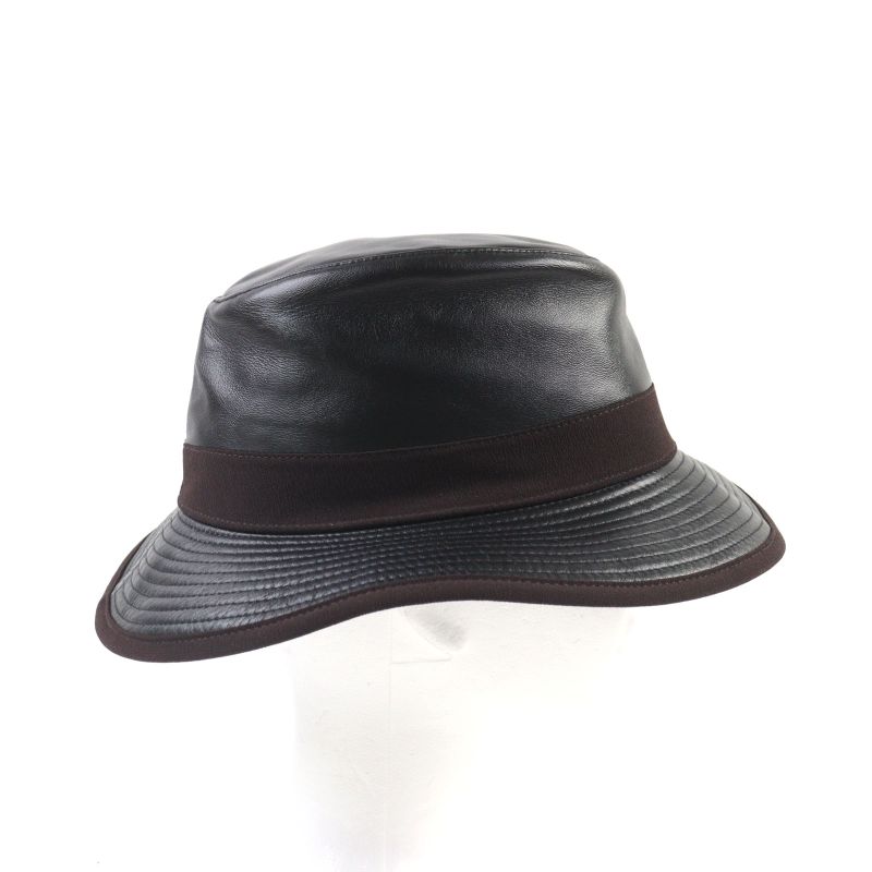 Hermes Leather Hat With Ribbon And Logo Lining Black 57 Hat Made In France