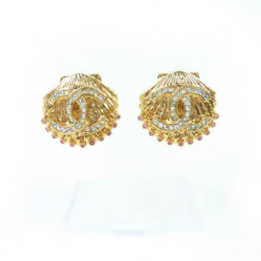 CHANEL G23C Coco Mark Shell Design Earrings With Rhinestones Gold With Box Made