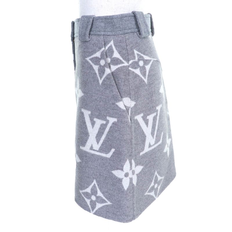 Louis Vuitton 21AW Wool Silk Giant Monogram Logo Gold Button Mini Skirt Gray 36