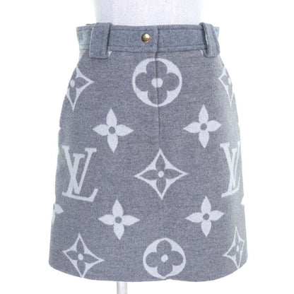 Louis Vuitton 21AW Wool Silk Giant Monogram Logo Gold Button Mini Skirt Gray 36