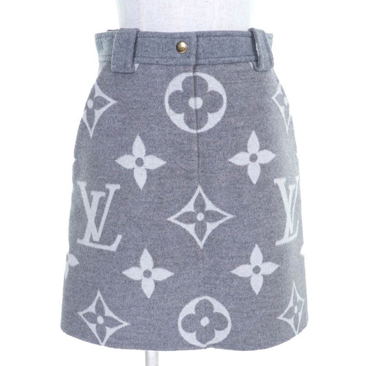 Louis Vuitton 21AW Wool Silk Giant Monogram Logo Gold Button Mini Skirt Gray 36