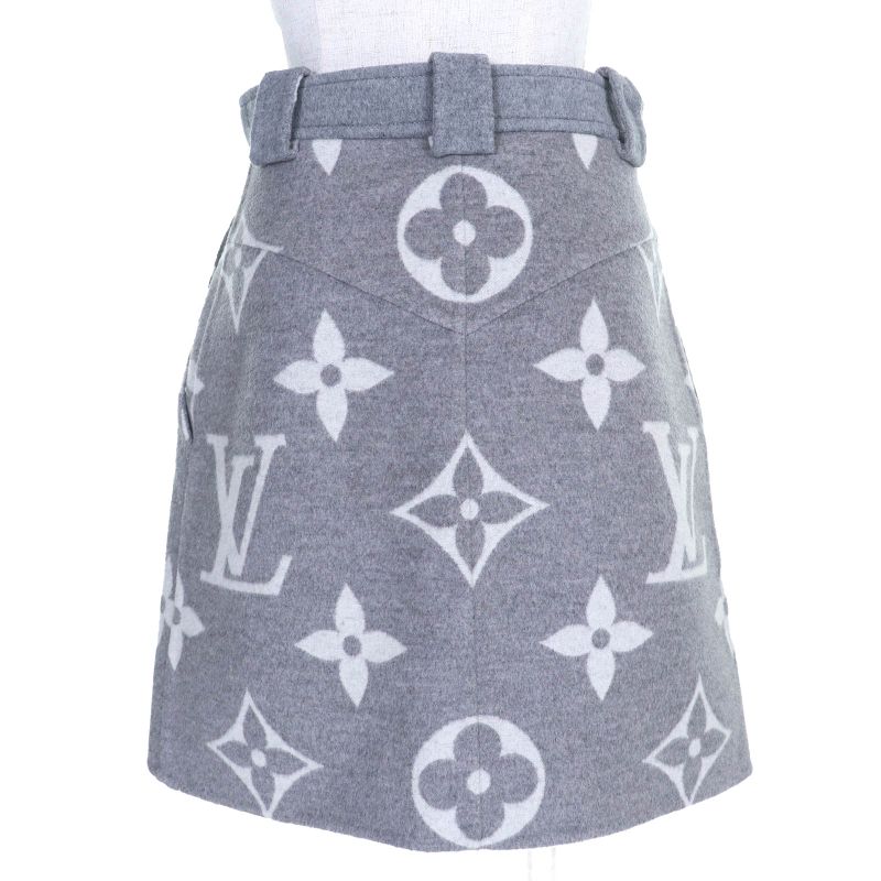 Louis Vuitton 21AW Wool Silk Giant Monogram Logo Gold Button Mini Skirt Gray 36