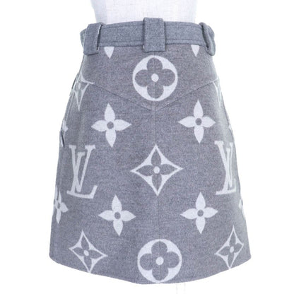 Louis Vuitton 21AW Wool Silk Giant Monogram Logo Gold Button Mini Skirt Gray 36