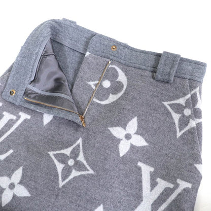 Louis Vuitton 21AW Wool Silk Giant Monogram Logo Gold Button Mini Skirt Gray 36