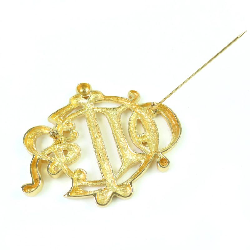 Christian DIOR Emblem Logo Design Brooch Accessories Gold Ladies
