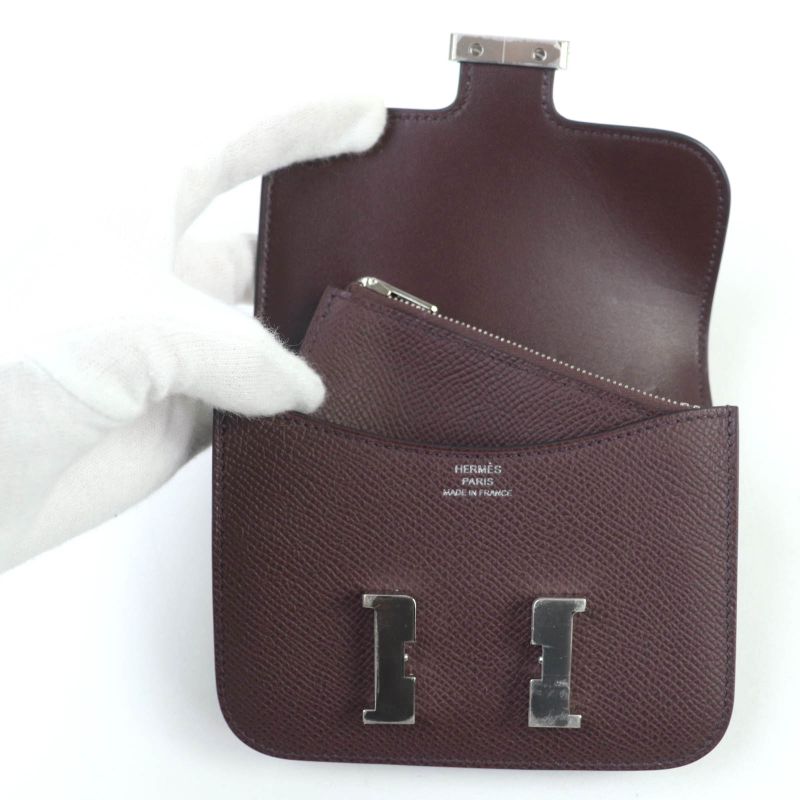 Hermes Constance Slim Vaux Epson Havana Silver Hardware Compact Wallet Engraved