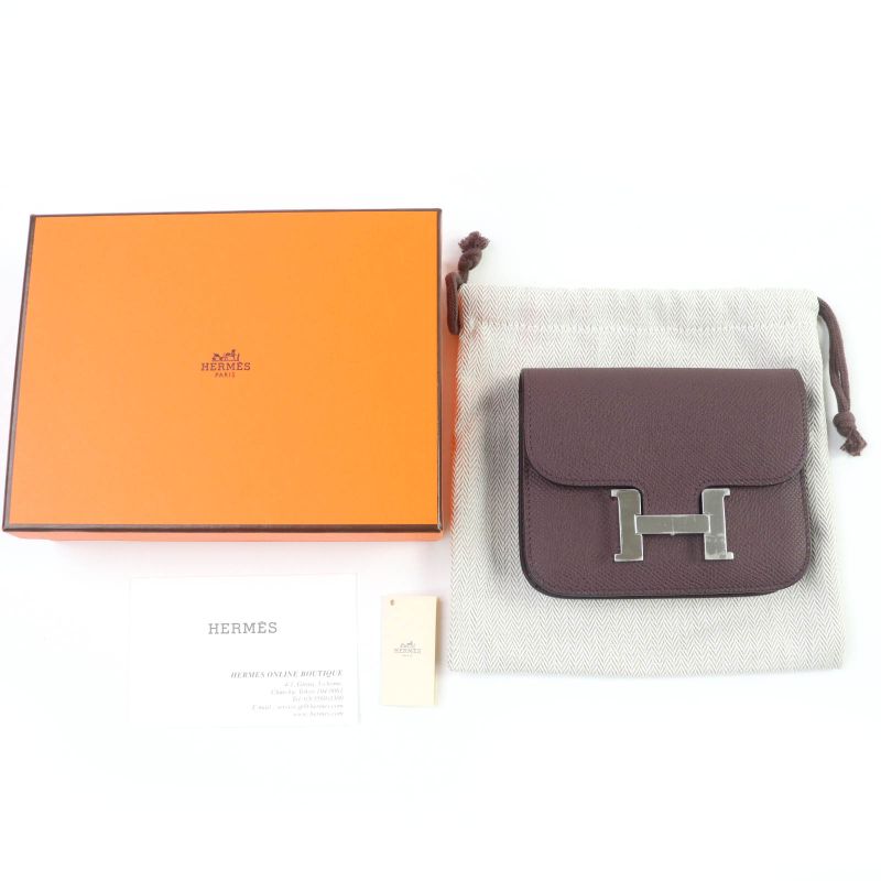 Hermes Constance Slim Vaux Epson Havana Silver Hardware Compact Wallet Engraved