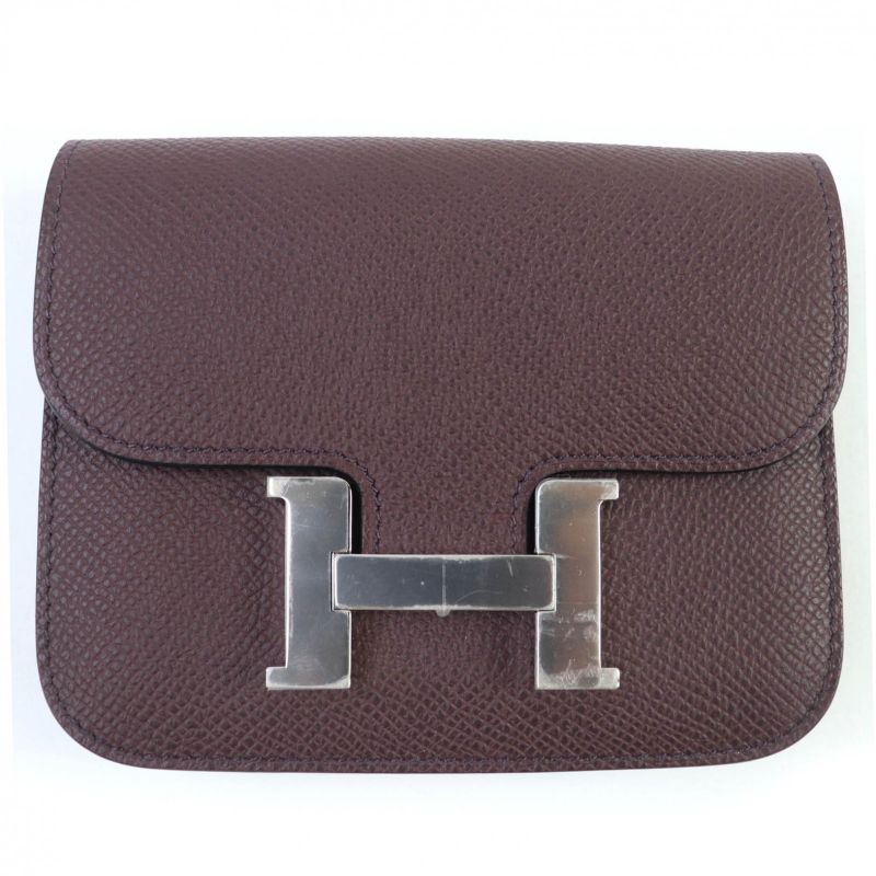 Hermes Constance Slim Vaux Epson Havana Silver Hardware Compact Wallet Engraved