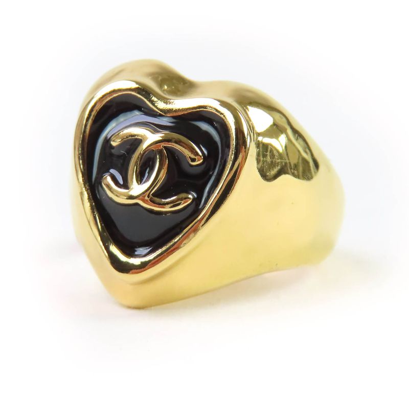 CHANEL L25A Coco Mark Heart Ring - Gold - Black Size Equivalent To Size 11 With