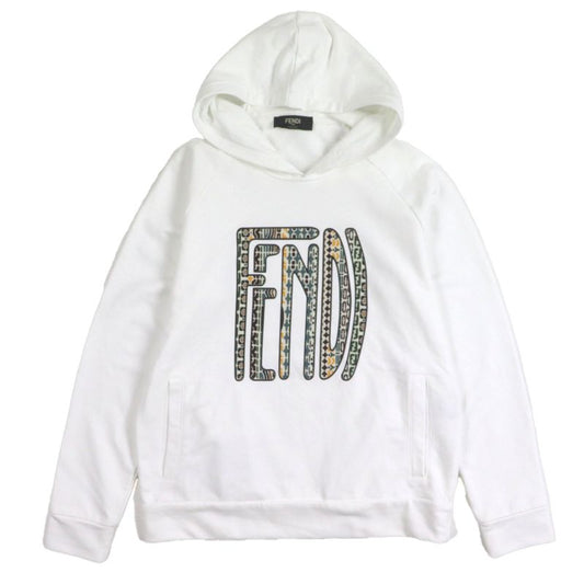  Fendi 2020 Faf595 Logo Print Long Sleeve Pullover Hoodie White L Made In
