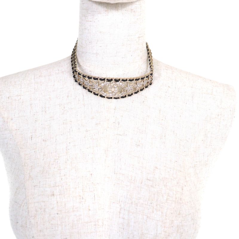 CHANEL B23C Rhinestone Coco Mark Star Choker Black Gold With Box And Storage