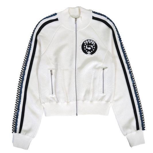 CHANEL 2023 P74166 Coco Mark Logo NO.5 Patch Sequin Embellished Blouson White
