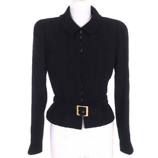 CHANEL Vintage 96A P08101 Wool Tweed Short Jacket With Coco Mark Button Belt