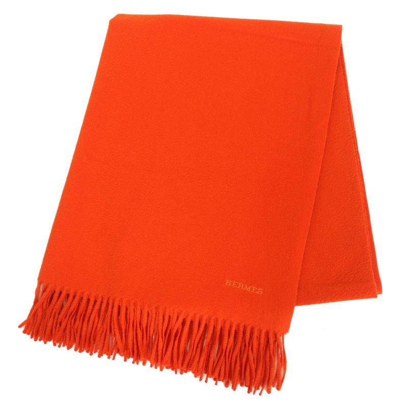 Hermes 100% Cashmere Logo Embroidery Fringe Large Shawl Scarf Orange Made In