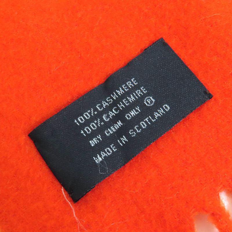 Hermes 100% Cashmere Logo Embroidery Fringe Large Shawl Scarf Orange Made In