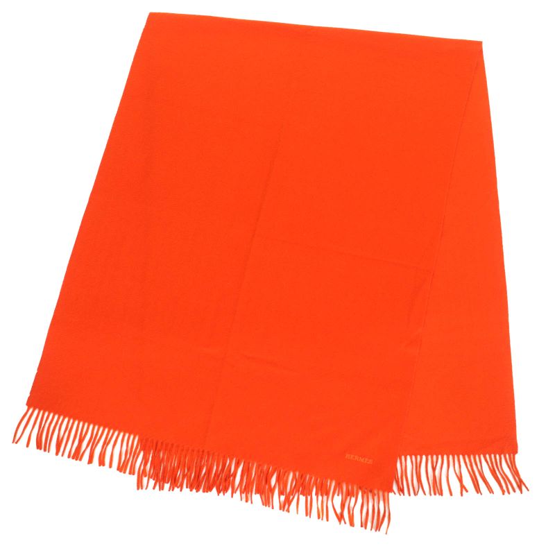 Hermes 100% Cashmere Logo Embroidery Fringe Large Shawl Scarf Orange Made In