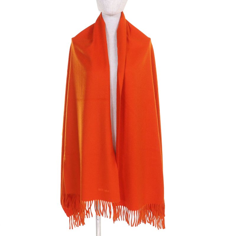 Hermes 100% Cashmere Logo Embroidery Fringe Large Shawl Scarf Orange Made In