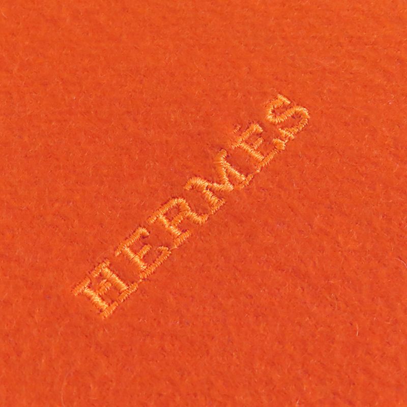 Hermes 100% Cashmere Logo Embroidery Fringe Large Shawl Scarf Orange Made In