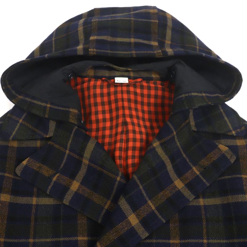  Gucci 568562 Wool Linen Checked Double Breasted Hooded Double Chester Coat