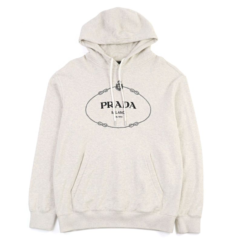 Prada 2023 Ujl24b Logo Embroidery Pullover Cotton Fleece Hoodie Ivory L Genuine