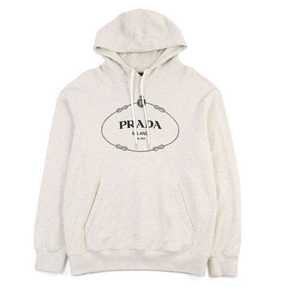 Prada 2023 Ujl24b Logo Embroidery Pullover Cotton Fleece Hoodie Ivory L Genuine