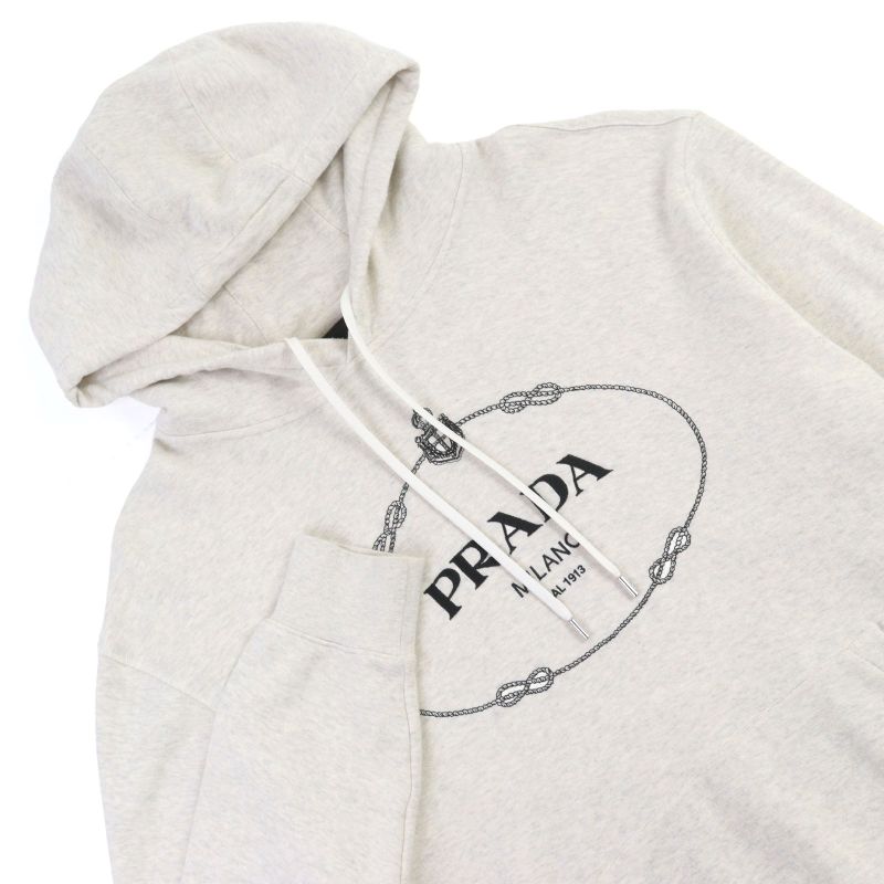 Prada 2023 Ujl24b Logo Embroidery Pullover Cotton Fleece Hoodie Ivory L Genuine