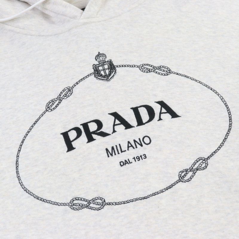 Prada 2023 Ujl24b Logo Embroidery Pullover Cotton Fleece Hoodie Ivory L Genuine