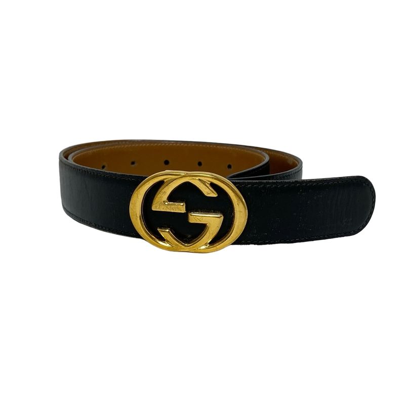 Gucci Belt 70-28 - Black And Gold Interlocking G Leather