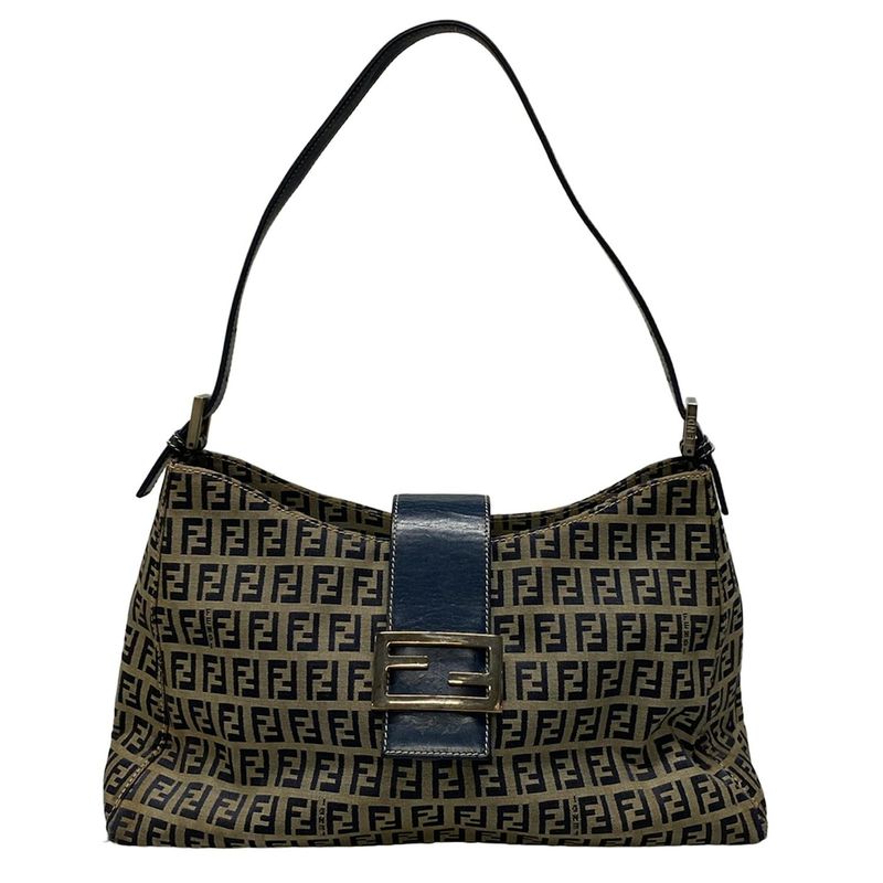 Fendi Shoulder Bag Zucchino Pattern 0916115001 Ivory X Dark Navy Leather