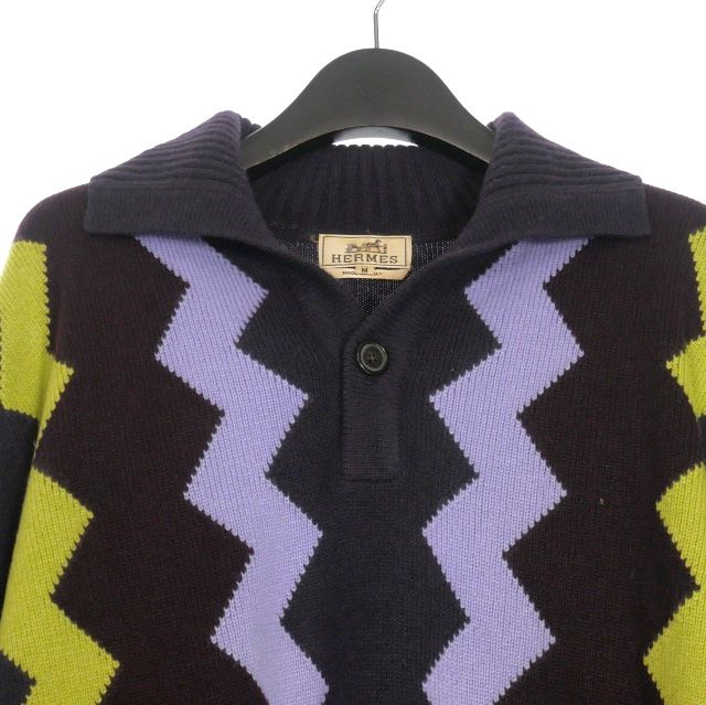 Hermes Cashmere Knit Sweater With Cossack Collar Long Sleeves M Purple Yellow