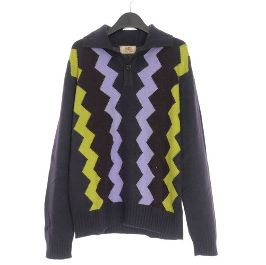 Hermes Cashmere Knit Sweater With Cossack Collar Long Sleeves M Purple Yellow