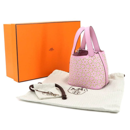 Exhibited Hermes Picotin Lock Micro Lucky Daisy Hand Bag Swift Mauve Sylvestre