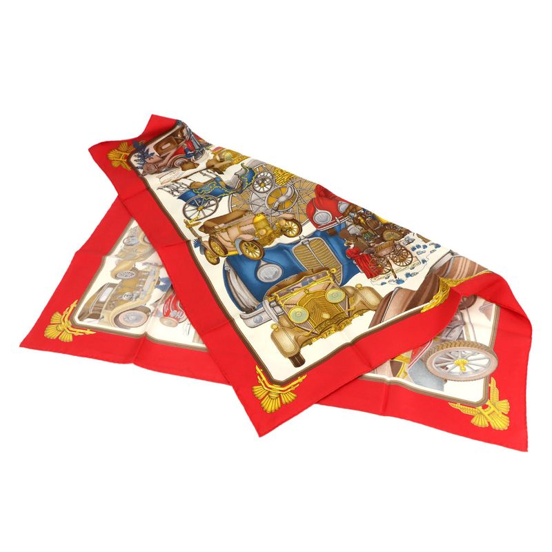 Exhibited Hermes Carre 90 Large Scarf Automobile Silk 100% Red Multicolor Carre