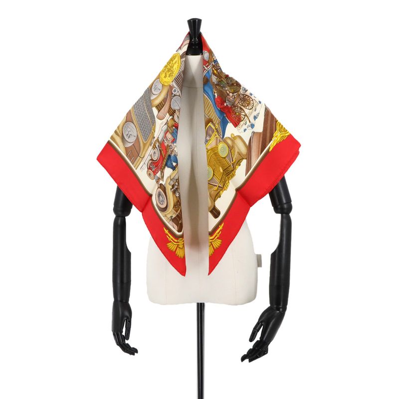 Exhibited Hermes Carre 90 Large Scarf Automobile Silk 100% Red Multicolor Carre