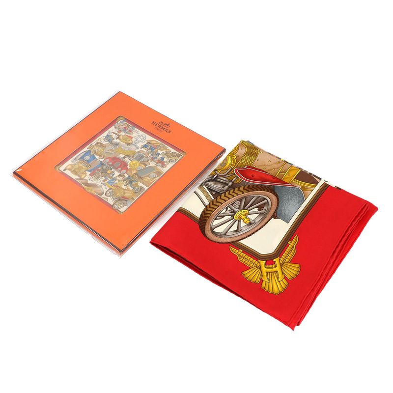 Exhibited Hermes Carre 90 Large Scarf Automobile Silk 100% Red Multicolor Carre