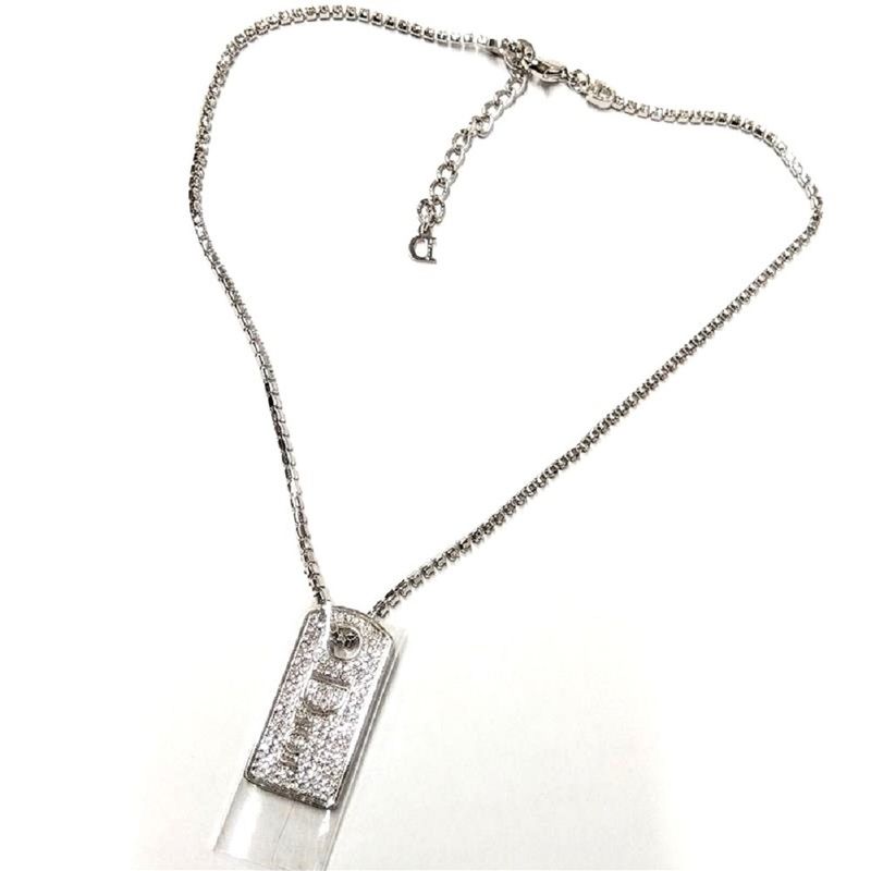Dior Logo Plate Necklace With Rhinestone Silver