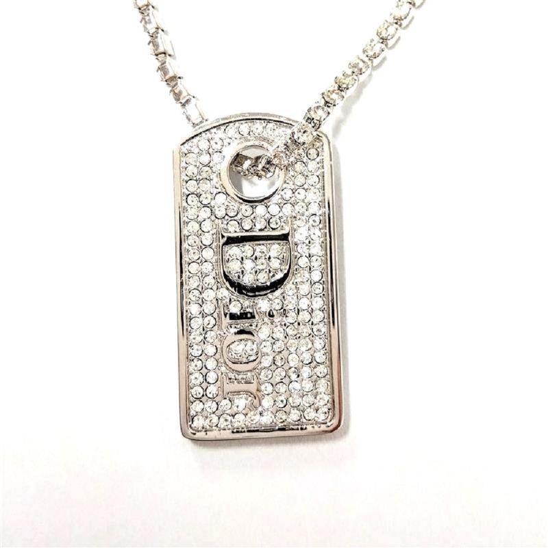 Dior Logo Plate Necklace With Rhinestone Silver