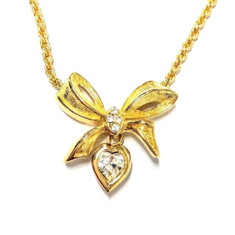 Christian DIOR Ribbon Heart Necklace With Rhinestones Gold