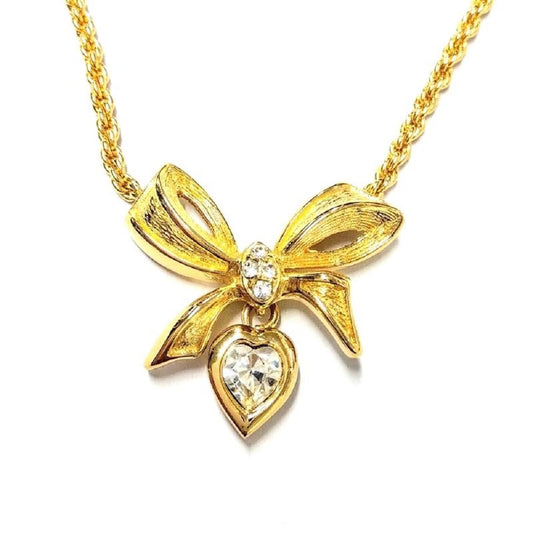 Christian DIOR Ribbon Heart Necklace With Rhinestones Gold